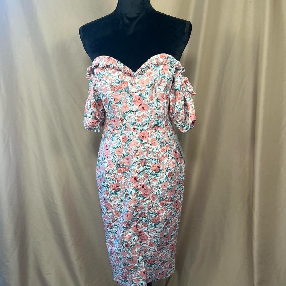 Lavish Alice Off-Shoulder Floral Midi Dress - Pink and Green